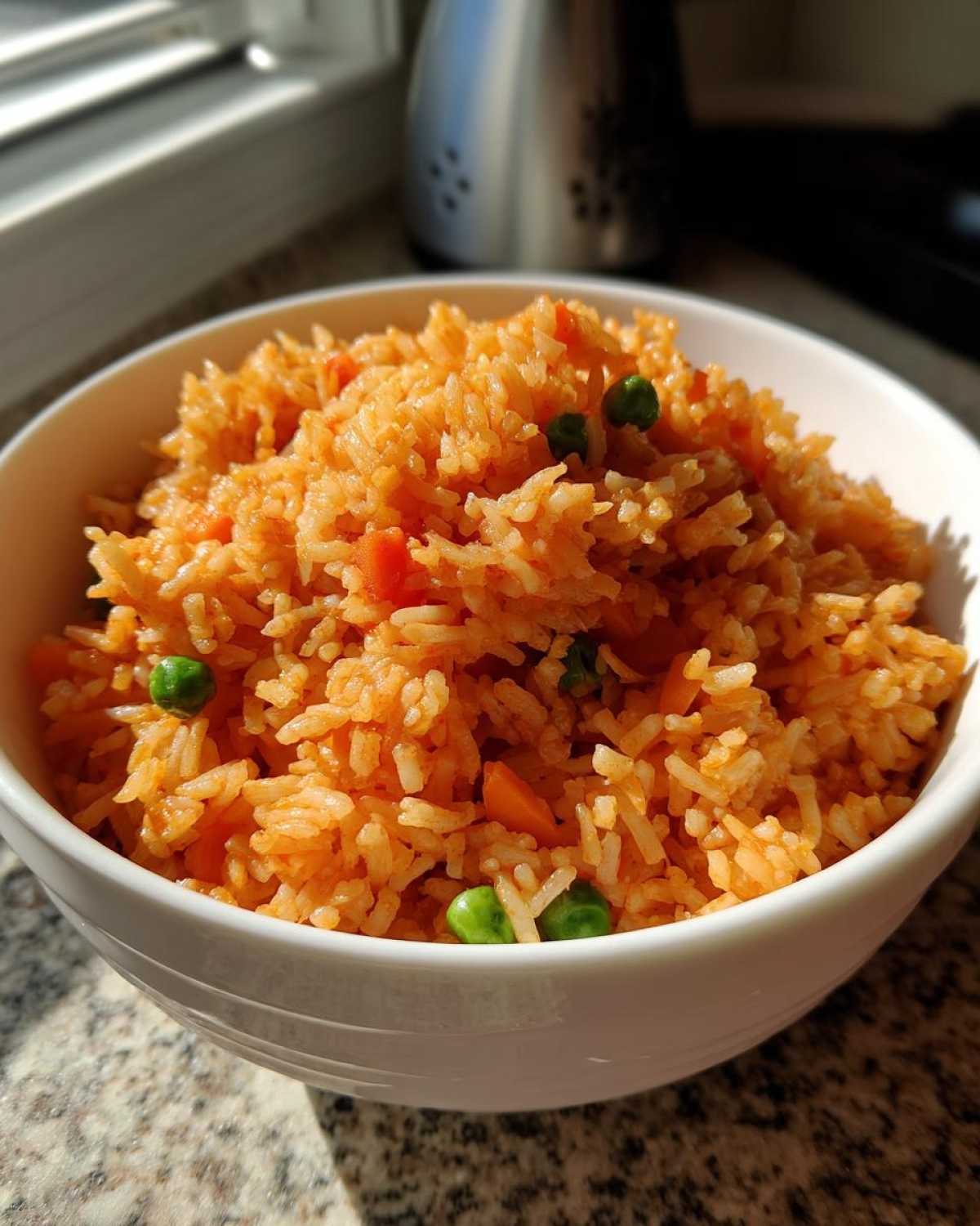 Close-up of fluffy spanish rice mixed with bright green peas and diced carrots served in a white bowl.