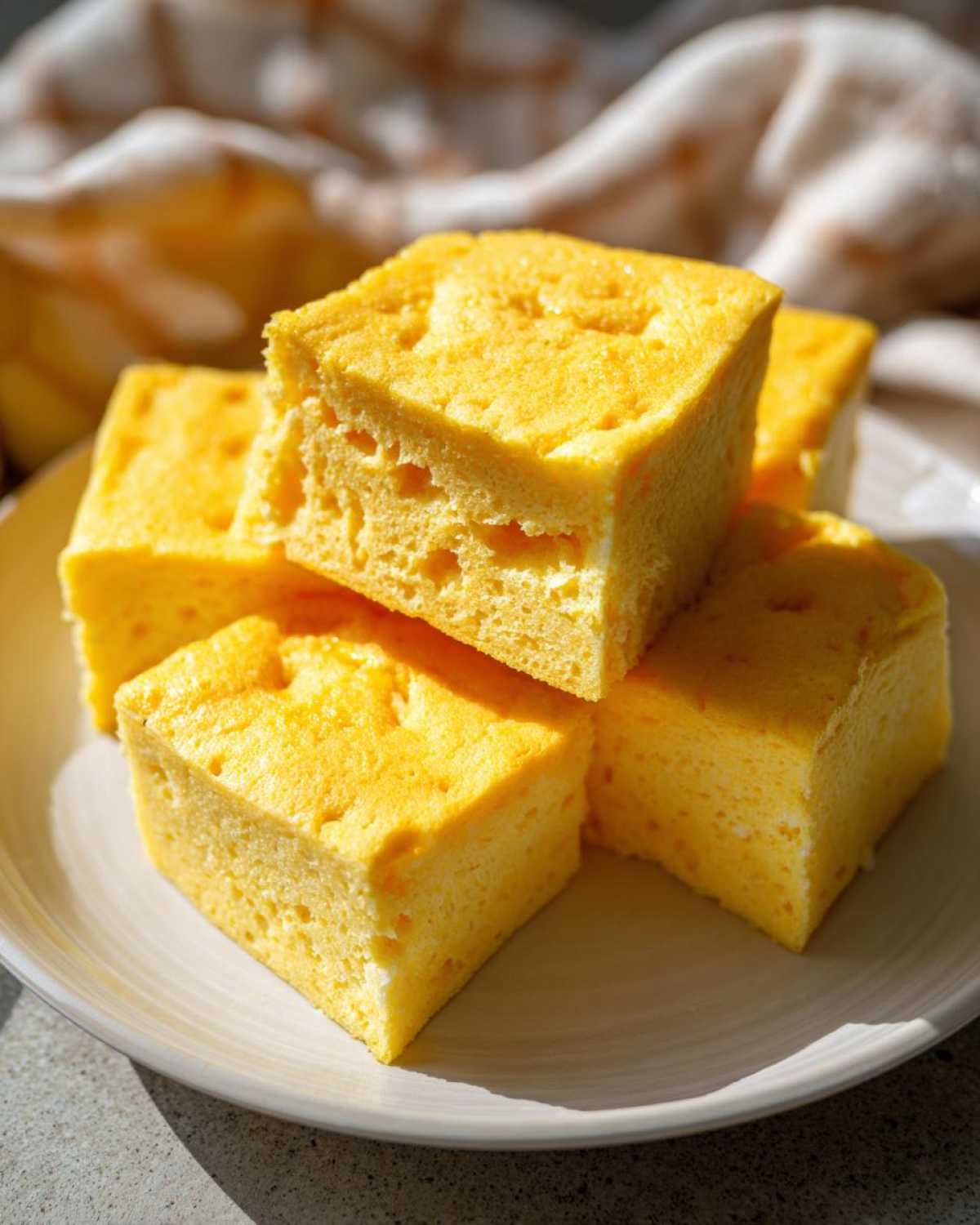 Close-up of fluffy, bright yellow squares of baked eggs, likely from a sheet pan eggs recipe.