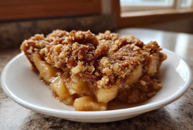 A close-up of a warm slice of apple crisp showing gooey filling and a thick, crunchy oat topping.