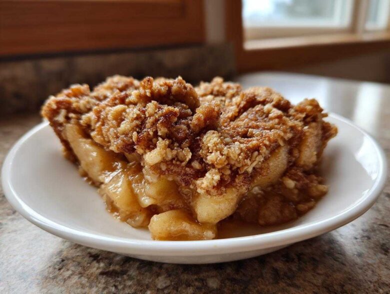 A close-up of a warm slice of apple crisp showing gooey filling and a thick, crunchy oat topping.