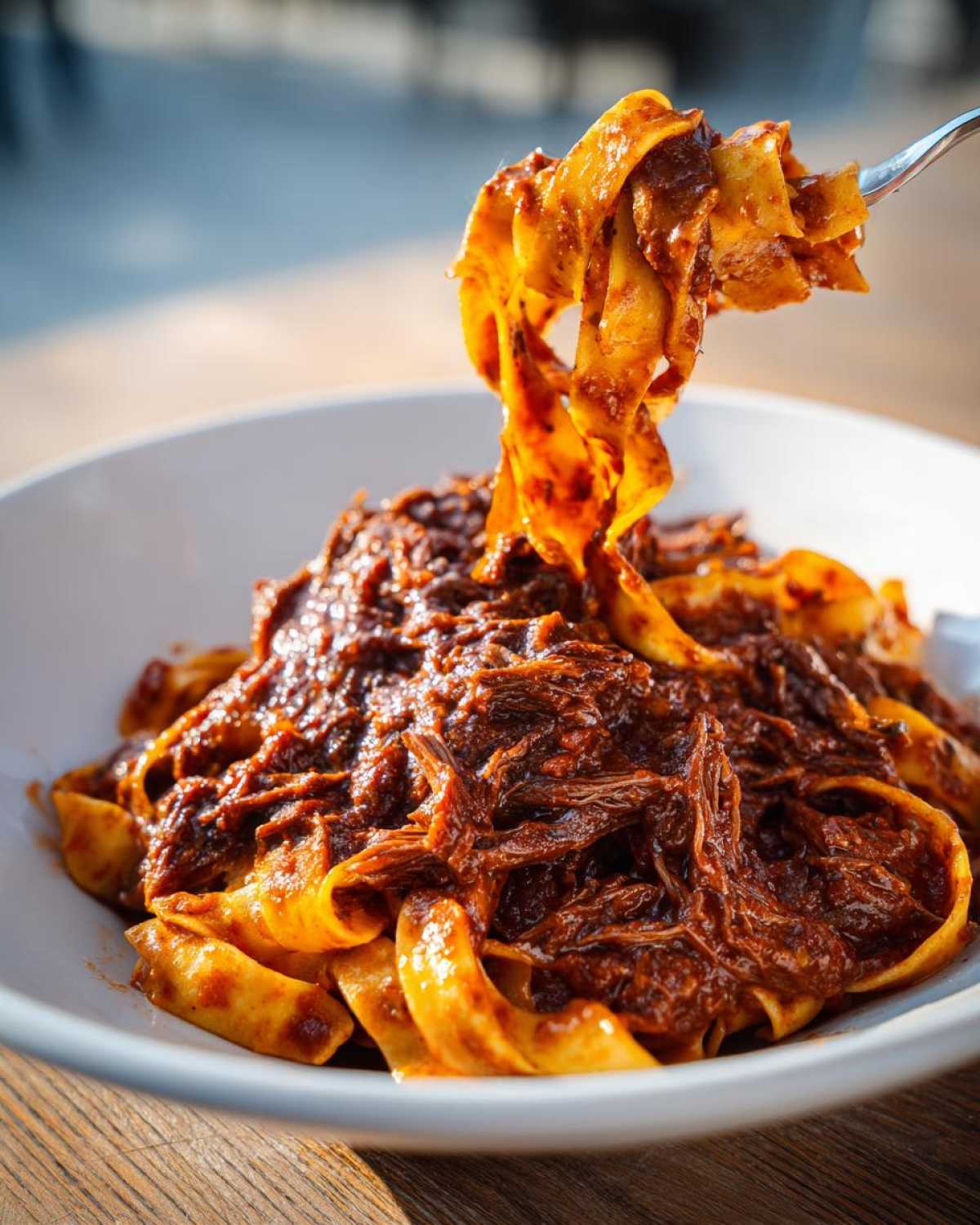 A fork lifts thick, saucy beef ragu coated pappardelle noodles out of a white bowl.