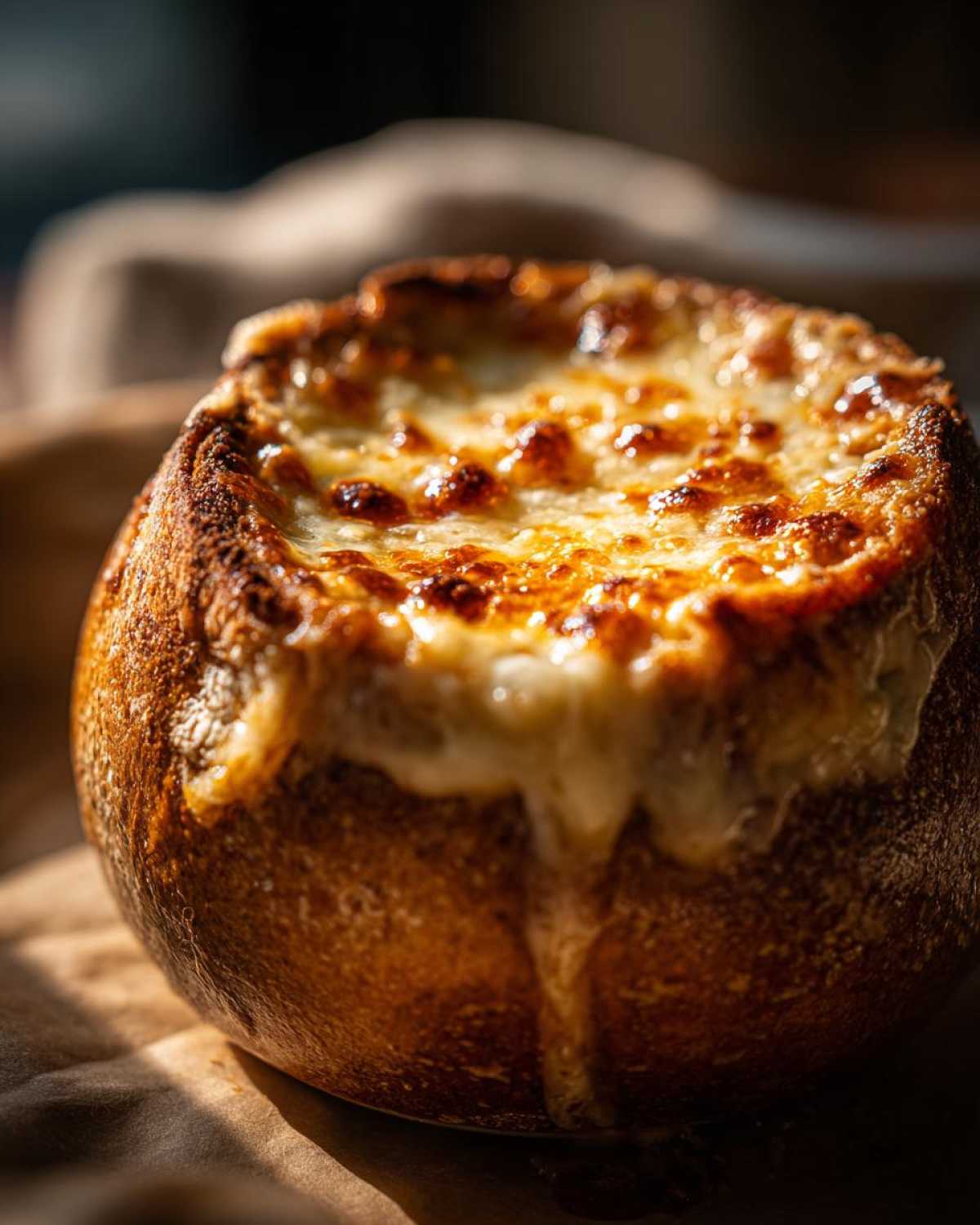 Close-up of French onion soup served in a bread bowl, topped with bubbling, perfectly broiled cheese.
