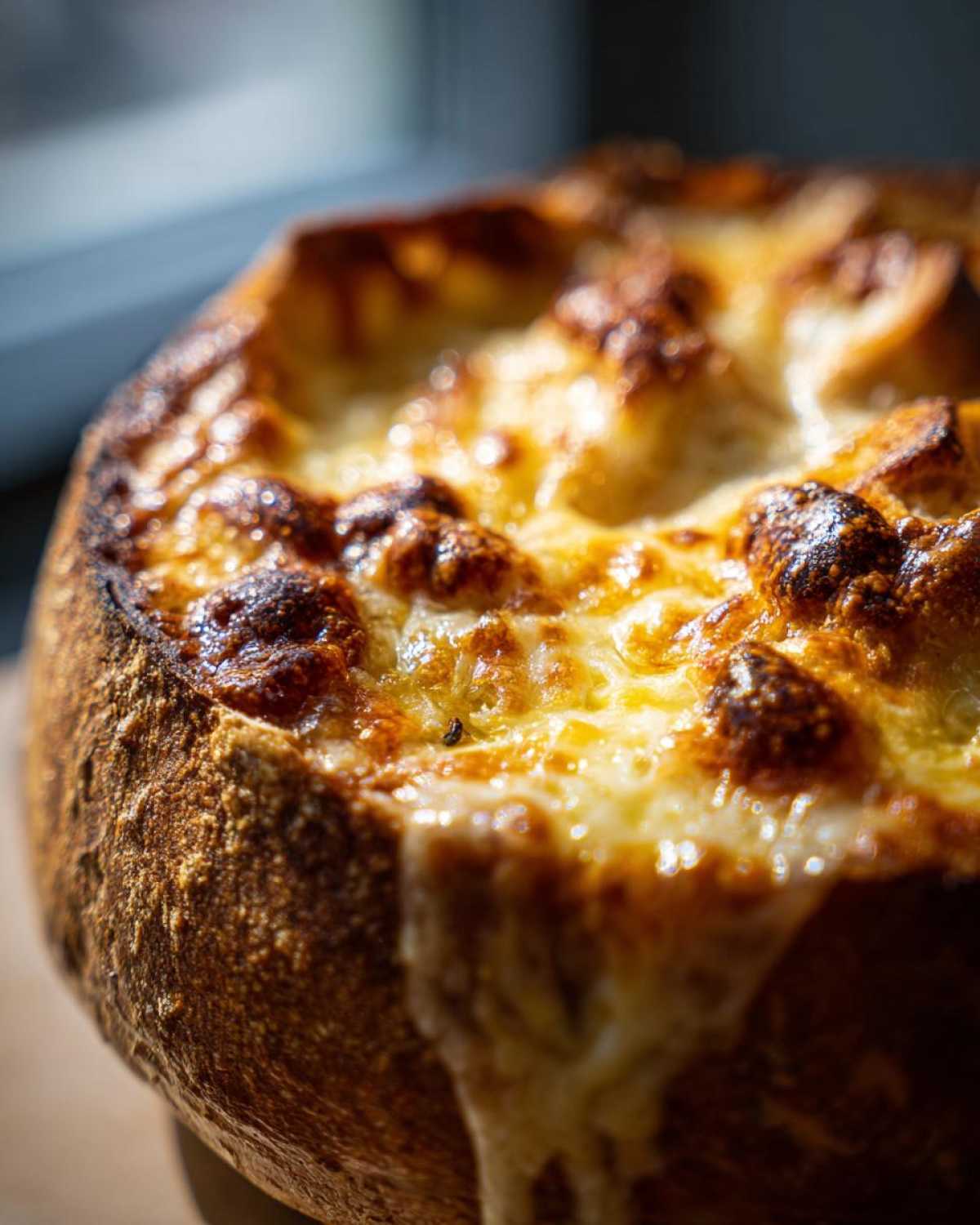 Close-up of bubbly, browned cheese topping on French onion soup served in a crusty bread bowl.
