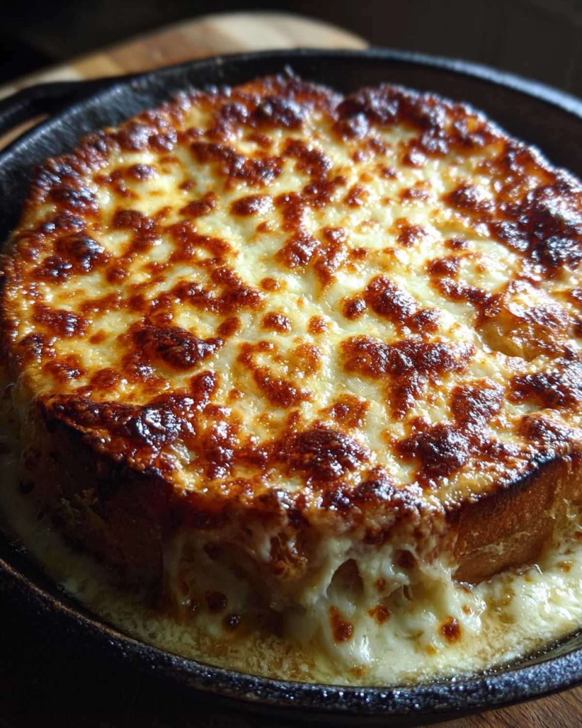 Close-up of a thick layer of bubbly, browned cheese topping on French onion soup in a dark crock.