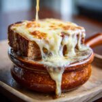 Close-up of rich french onion soup topped with a thick layer of melted, browned cheese dripping over the side of a crock.
