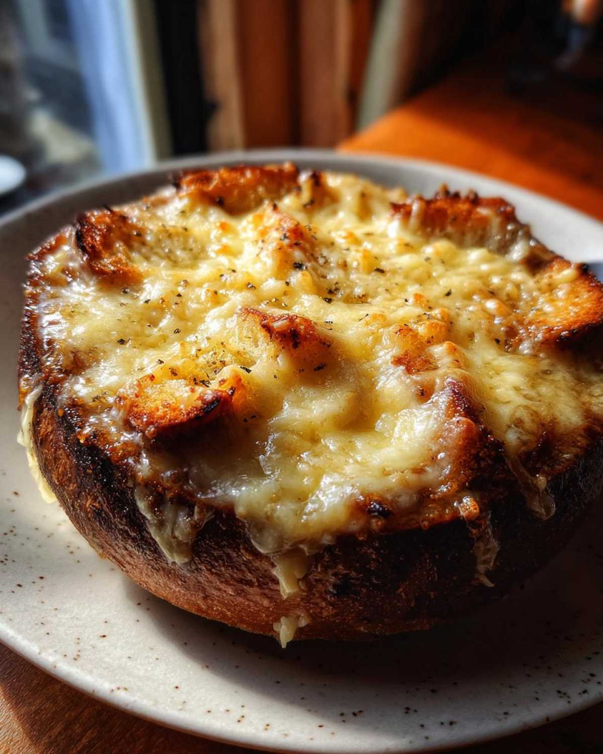 Close-up of French onion soup with a thick, bubbling layer of melted Gruyère cheese over toasted bread.