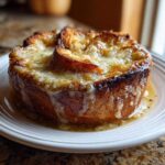 A close-up of a rich bowl of French onion soup topped with a thick layer of melted, browned cheese and crouton.