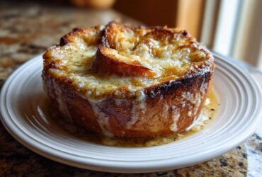 A close-up of a rich bowl of French onion soup topped with a thick layer of melted, browned cheese and crouton.
