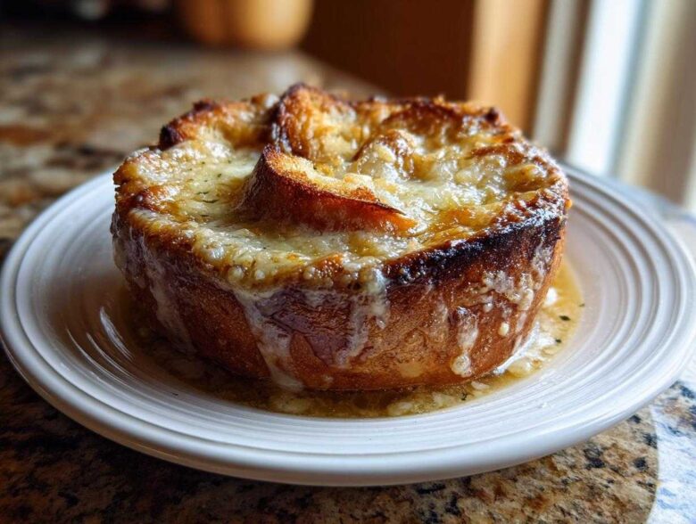 A close-up of a rich bowl of French onion soup topped with a thick layer of melted, browned cheese and crouton.