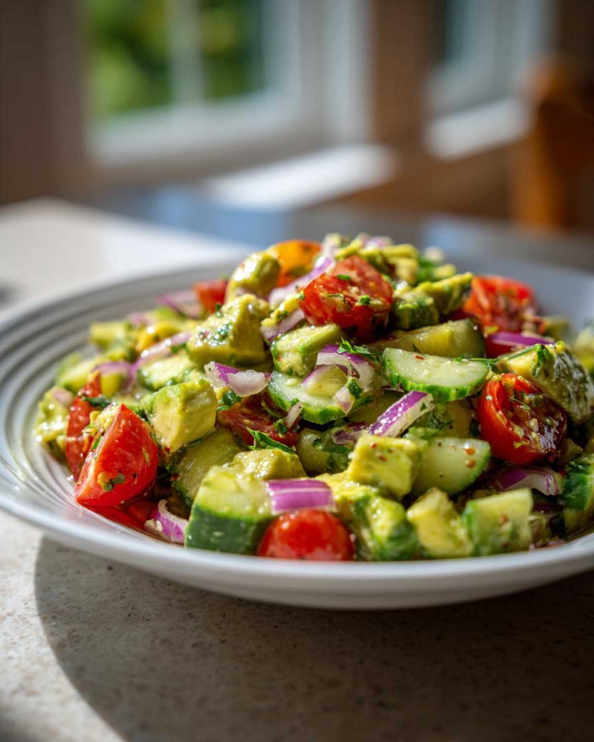 Close-up of a vibrant avocado salad featuring diced avocado, cucumber slices, cherry tomatoes, and red onion.