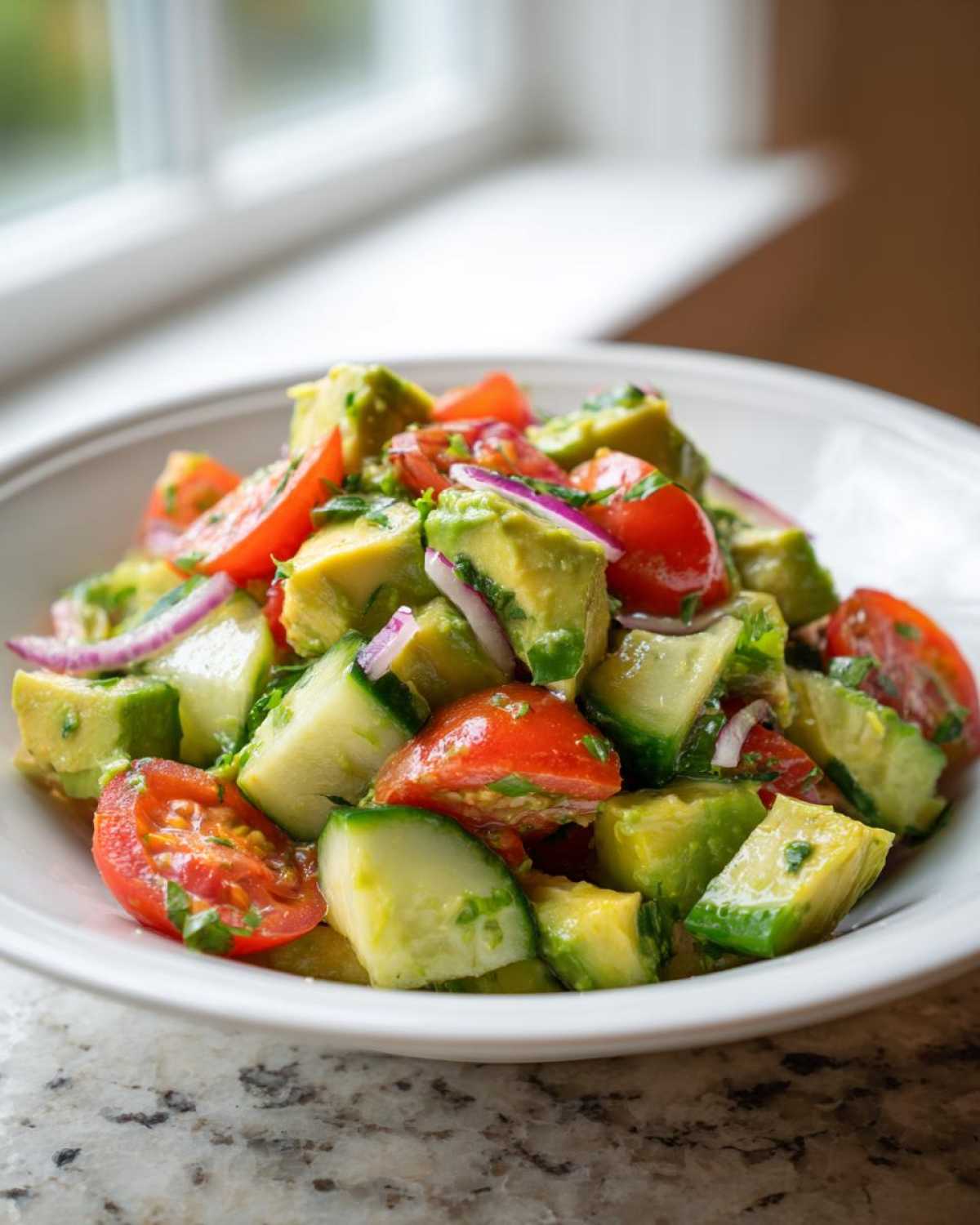 Close-up of a vibrant avocado salad featuring chunks of avocado, cherry tomatoes, cucumber, and red onion.