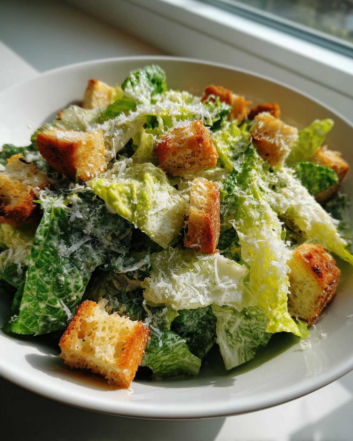 Close-up of a fresh caesar salad featuring crisp romaine lettuce, golden croutons, and grated parmesan cheese.