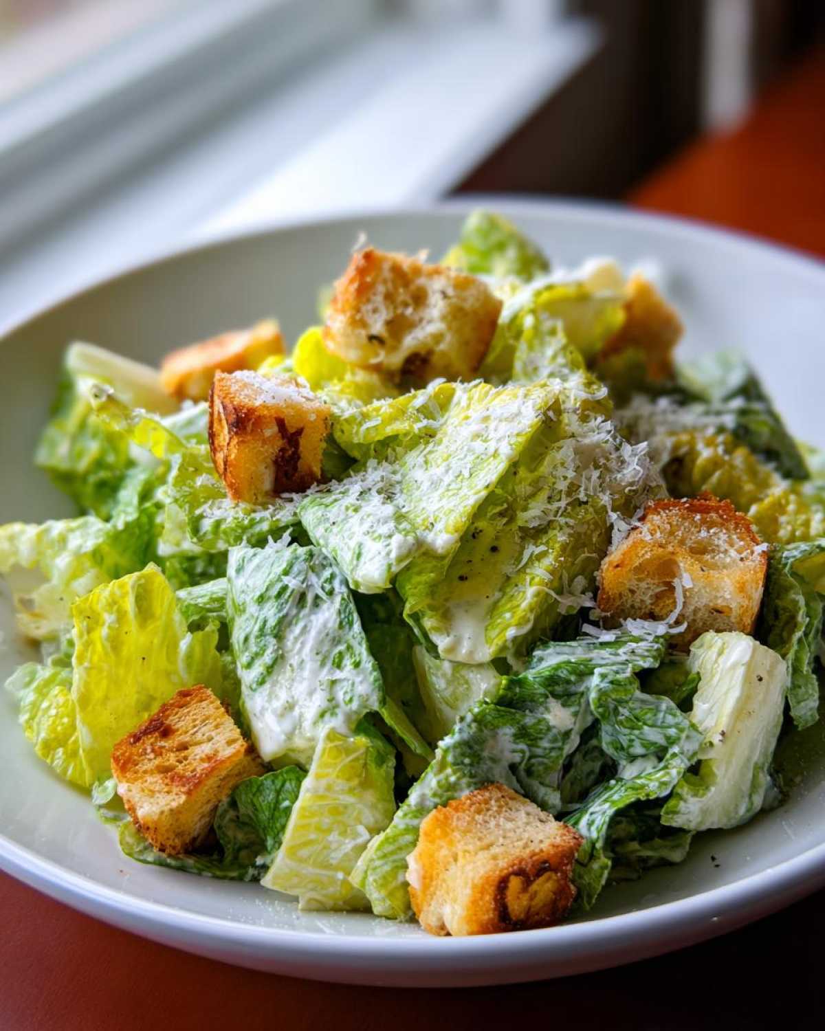 A close-up view of a fresh caesar salad tossed in creamy dressing, topped with golden croutons and grated parmesan cheese.