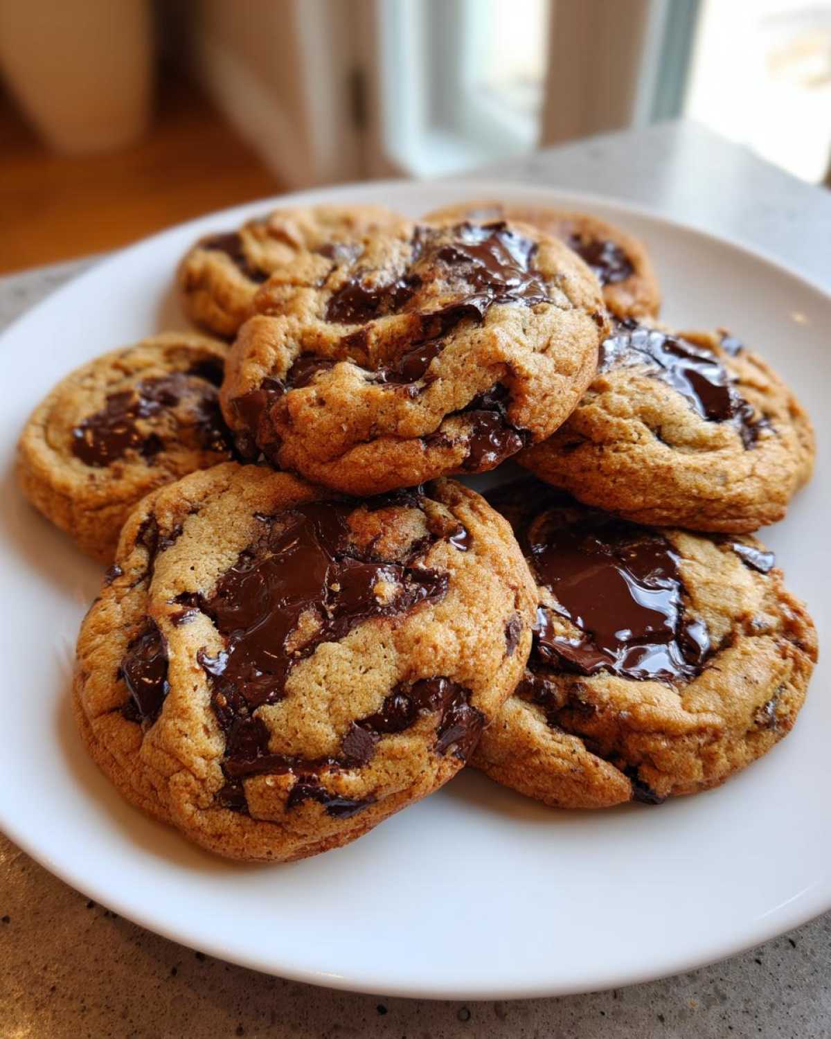 A stack of six golden brown chocolate chip cookies piled on a white plate, featuring gooey, melted chocolate chips.