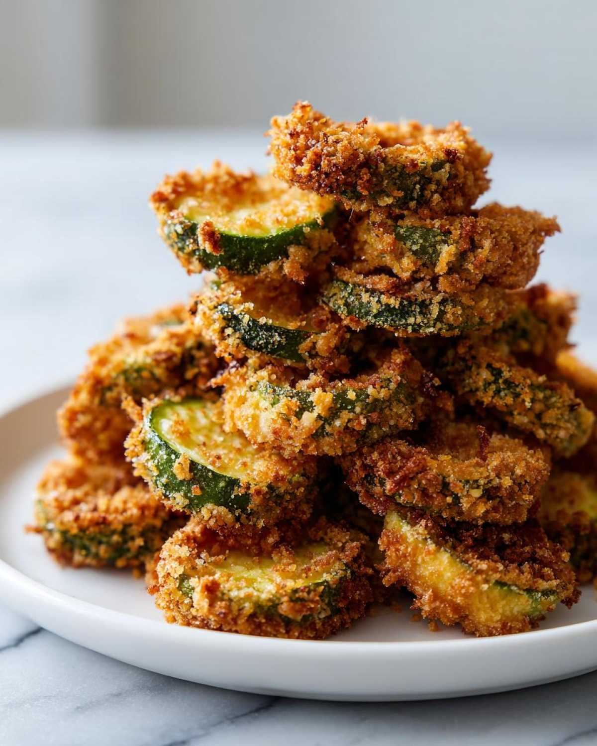 A tall stack of golden brown, crunchy Fried Pickles slices piled high on a white plate.
