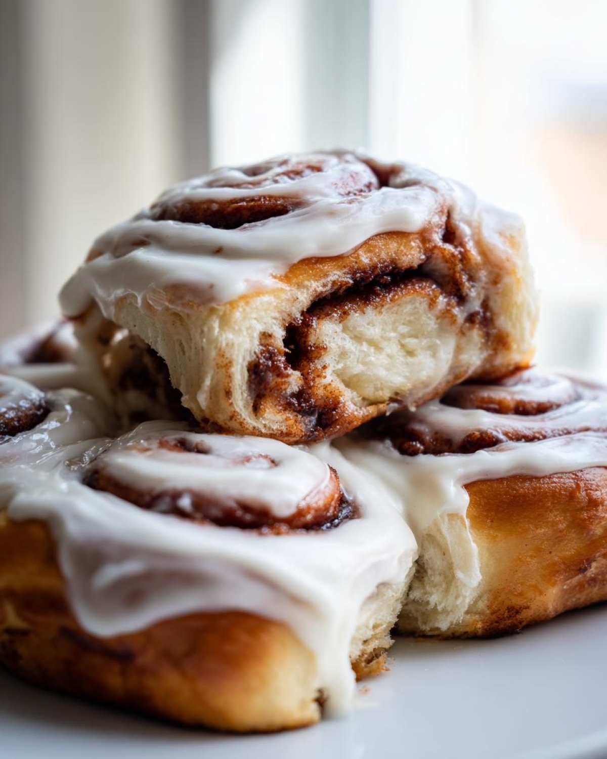 Close-up of fluffy, iced cinnamon rolls stacked, showing the gooey cinnamon swirl inside.