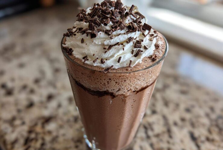 A tall glass filled with creamy frozen hot chocolate, topped with whipped cream and chocolate shavings.