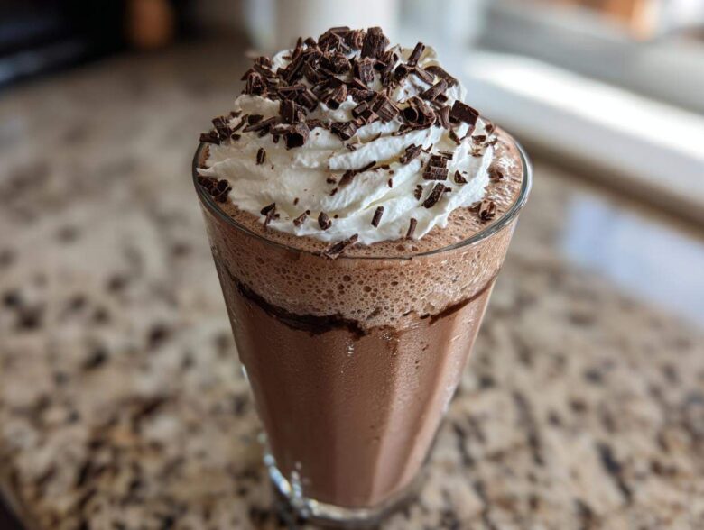 A tall glass filled with creamy frozen hot chocolate, topped with whipped cream and chocolate shavings.