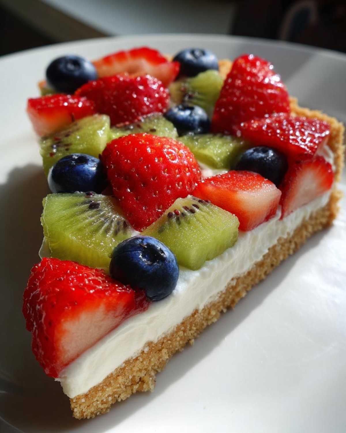 A close-up slice of fruit pizza sugar cookie topped with cream cheese frosting, strawberries, blueberries, and kiwi.