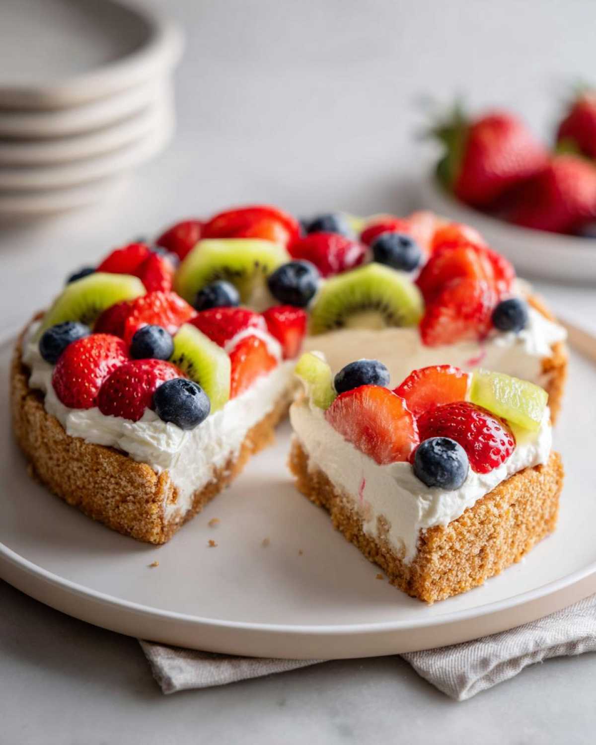 A slice cut from a fruit pizza sugar cookie dessert topped with whipped cream, strawberries, blueberries, and kiwi.