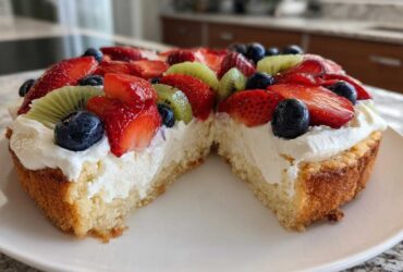 Close-up of a slice of fruit pizza sugar cookie showing the thick sugar cookie base, cream cheese frosting, strawberries, blueberries, and kiwi.