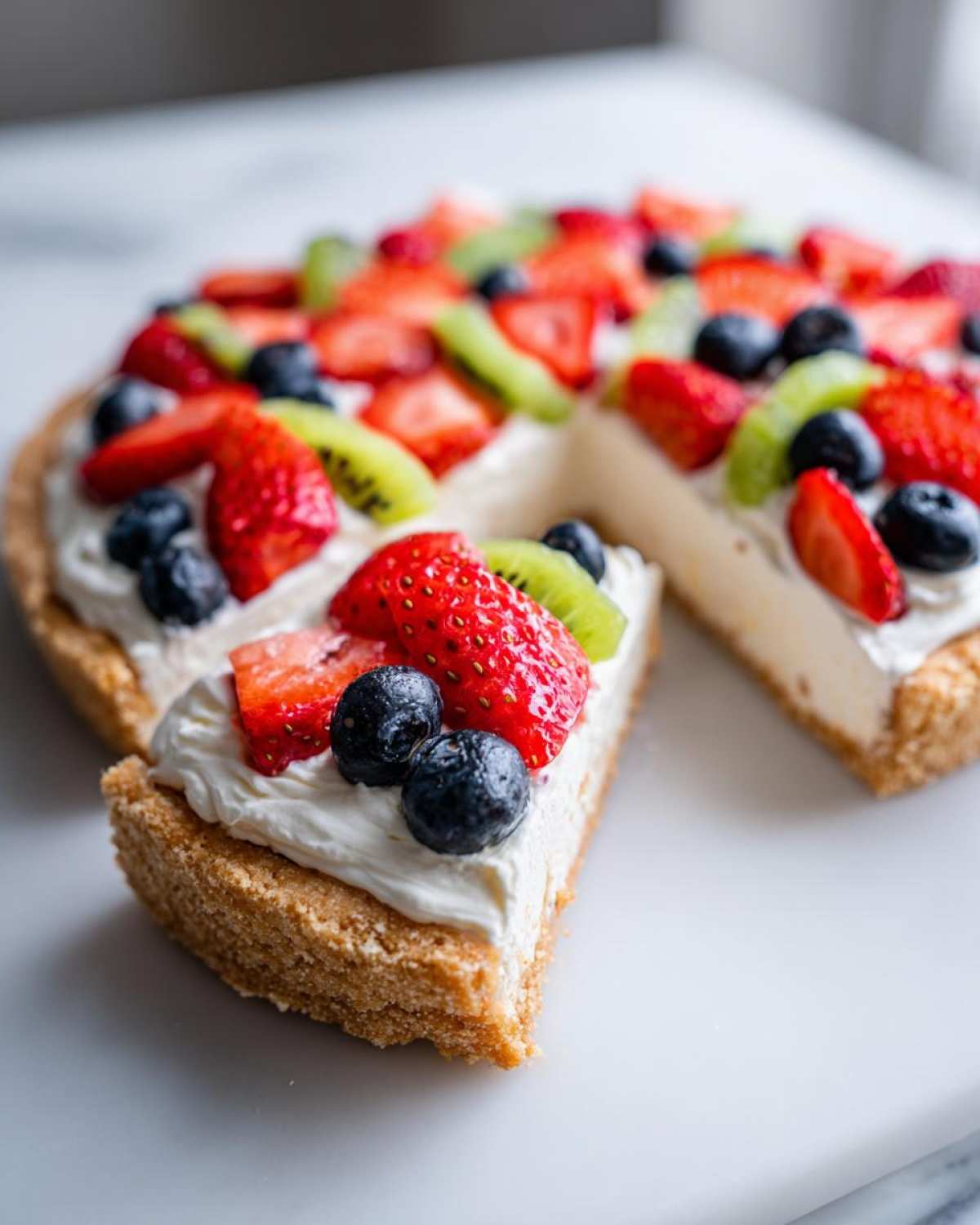 A slice of fruit pizza sugar cookie topped with whipped cream, strawberries, blueberries, and kiwi.