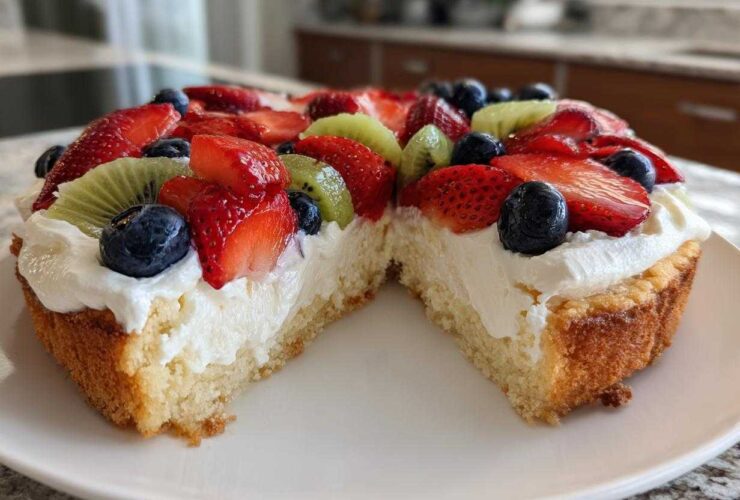Close-up of a slice of fruit pizza sugar cookie showing the thick sugar cookie base, cream cheese frosting, strawberries, blueberries, and kiwi.