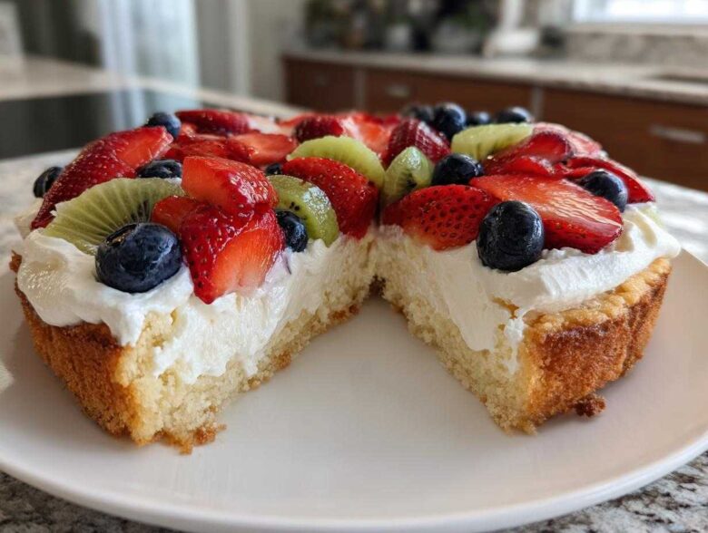 Close-up of a slice of fruit pizza sugar cookie showing the thick sugar cookie base, cream cheese frosting, strawberries, blueberries, and kiwi.