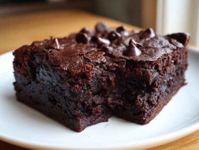 Close-up of a rich, fudgy slice of black bean brownies topped with chocolate chips on a white plate.