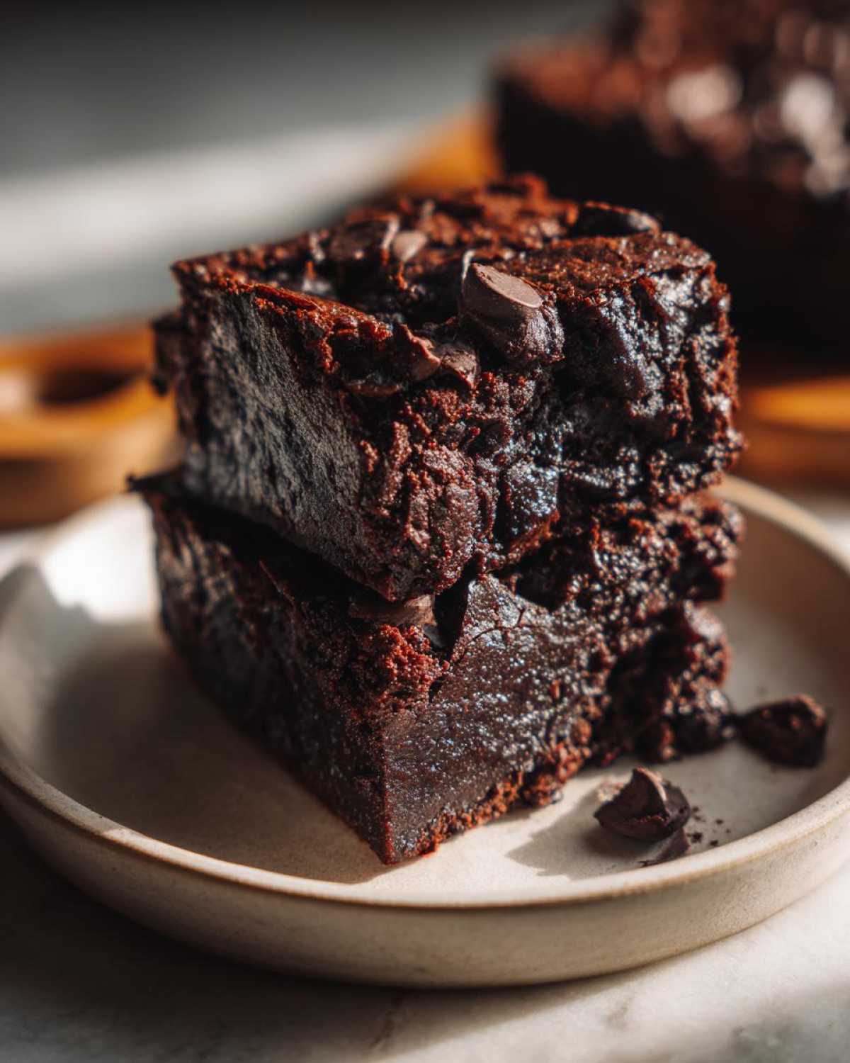 Two fudgy black bean brownies stacked on a small plate, topped with melted chocolate chips.