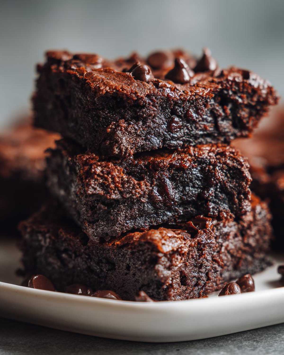 Close-up of a stack of three fudgy black bean brownies topped with melted chocolate chips on a white plate.