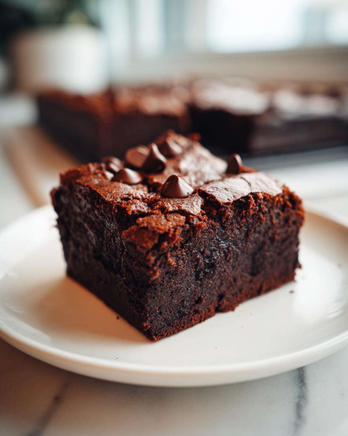 Close-up of a fudgy square of sweet potato brownies topped with chocolate chips on a white plate.