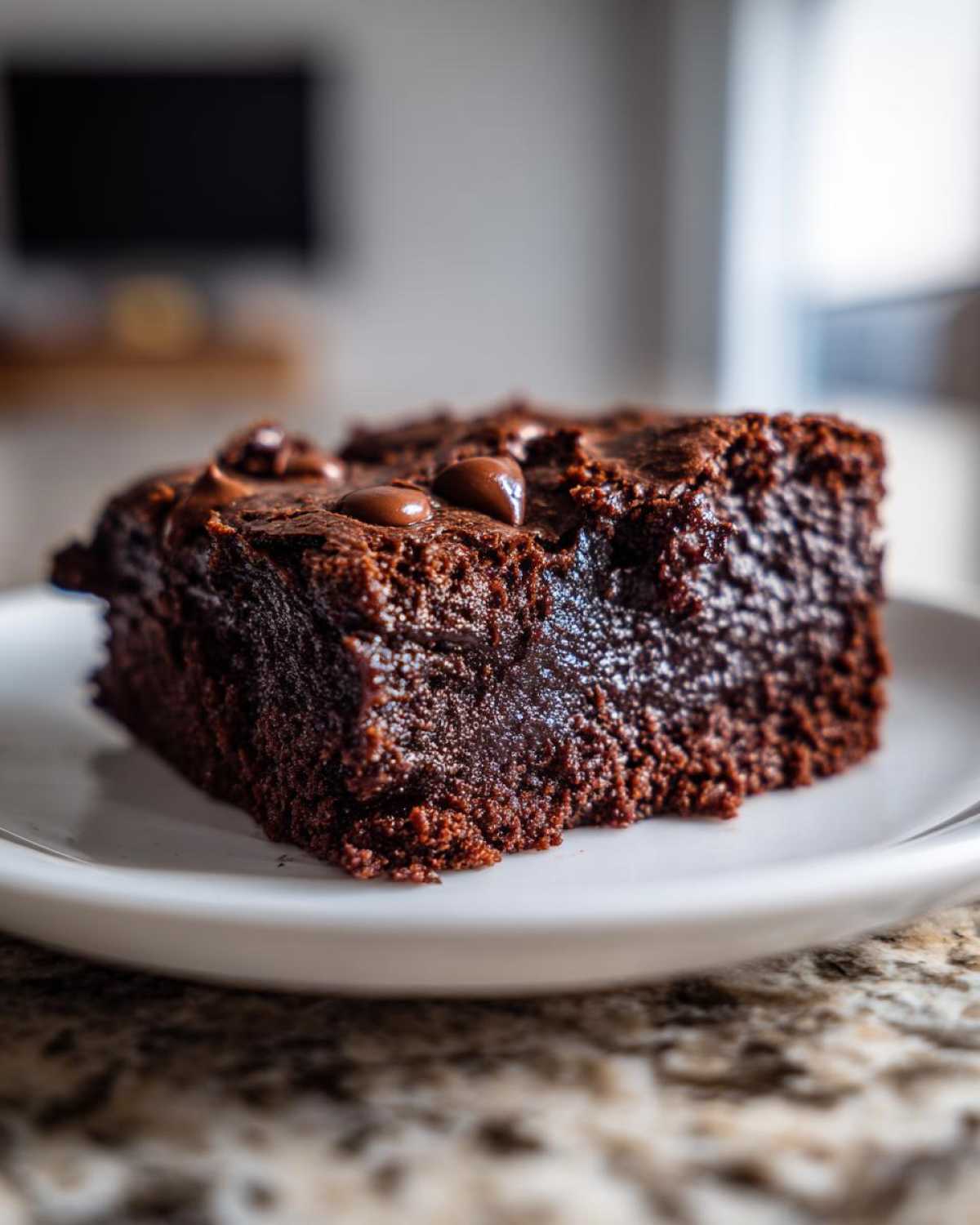 Close-up of a fudgy, dark chocolate sweet potato brownies slice topped with melted chocolate chips on a white plate.