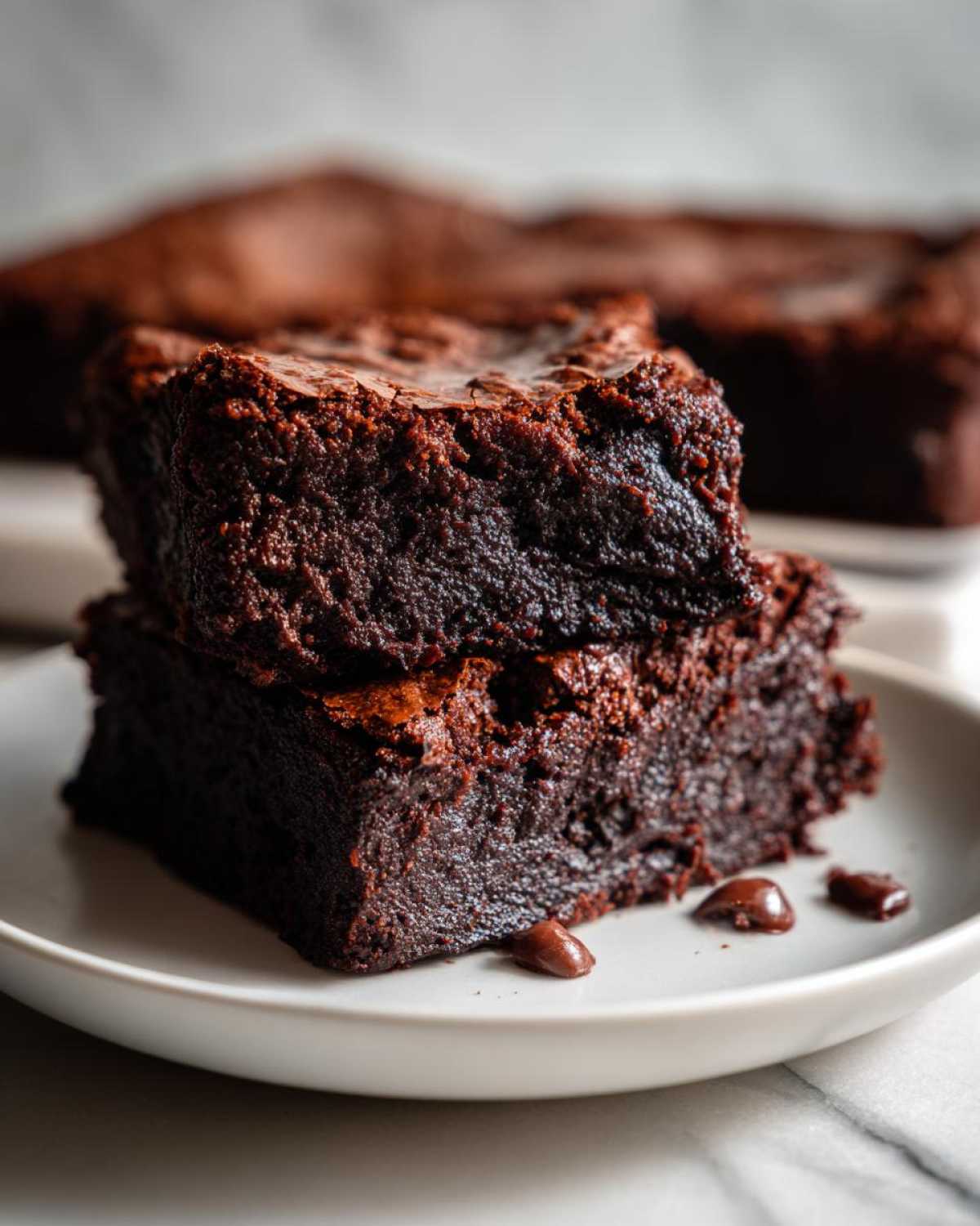 Two fudgy sweet potato brownies stacked on a white plate with chocolate chips.