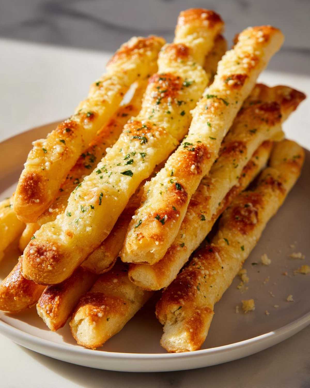 A close-up stack of golden brown, cheesy garlic breadsticks sprinkled with parsley.