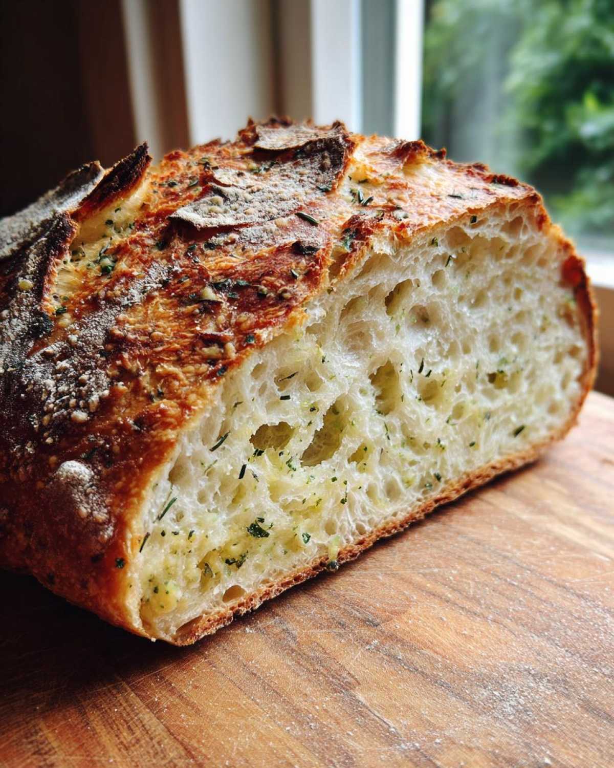 Close-up of a sliced loaf of artisan bread showing an open crumb filled with melted garlic butter and herbs.