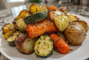 A close-up of perfectly cooked Garlic Herb Roasted Veggies, including potatoes, carrots, and zucchini, piled on a white plate.