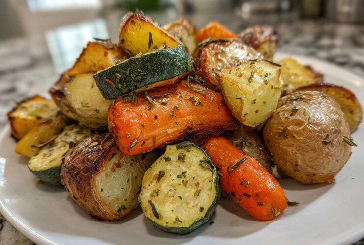 A close-up of perfectly cooked Garlic Herb Roasted Veggies, including potatoes, carrots, and zucchini, piled on a white plate.