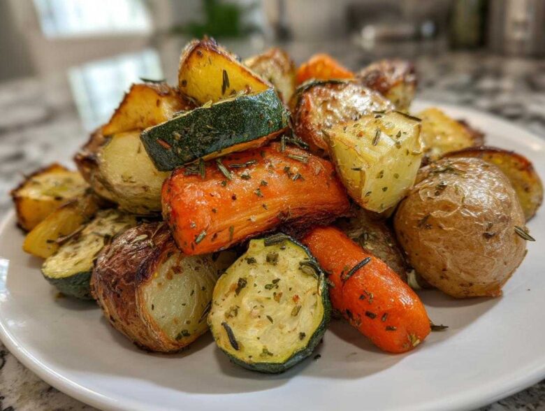 A close-up of perfectly cooked Garlic Herb Roasted Veggies, including potatoes, carrots, and zucchini, piled on a white plate.