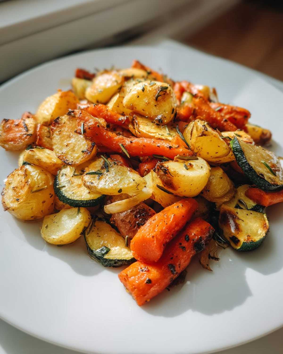 A plate piled high with golden brown Garlic Herb Roasted Veggies, including potatoes, carrots, and zucchini.