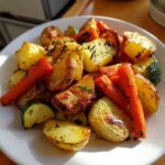 A close-up of perfectly cooked Garlic Herb Roasted Veggies, featuring golden potatoes, bright carrots, and zucchini slices.