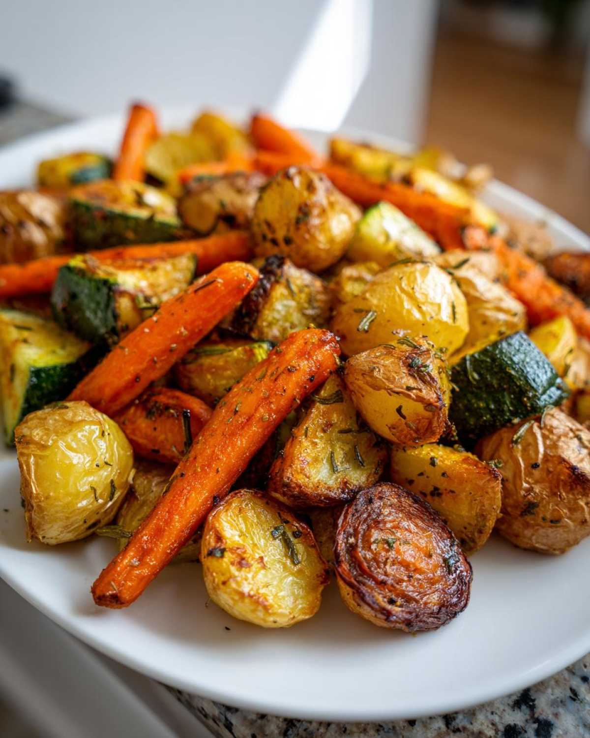 Close-up of perfectly roasted carrots, potatoes, and zucchini seasoned with herbs, representing Garlic Herb Roasted Veggies.