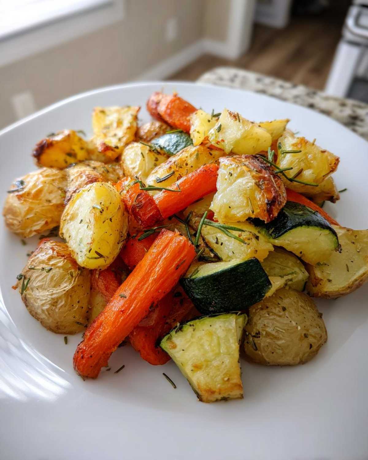 A close-up of perfectly cooked Garlic Herb Roasted Veggies including potatoes, carrots, and zucchini on a white plate.