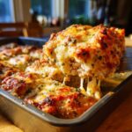 A spatula lifts a portion of the Garlic parmesan chicken bake, showing melted, stretchy cheese.