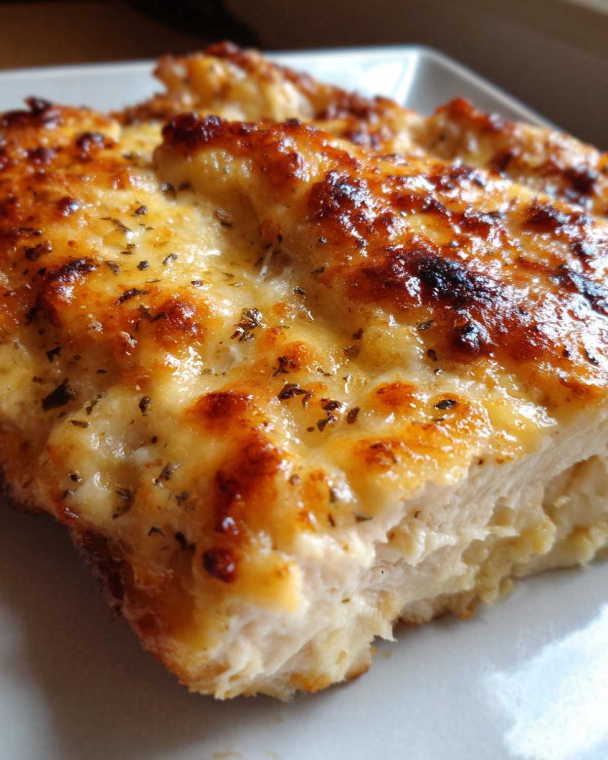 A close-up cross-section of a juicy Garlic parmesan chicken bake topped with melted, browned cheese and herbs.