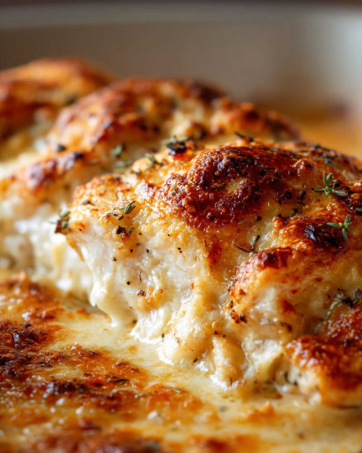 Close-up of a piece of juicy Garlic parmesan chicken bake with a golden-brown, cheesy crust and creamy sauce.