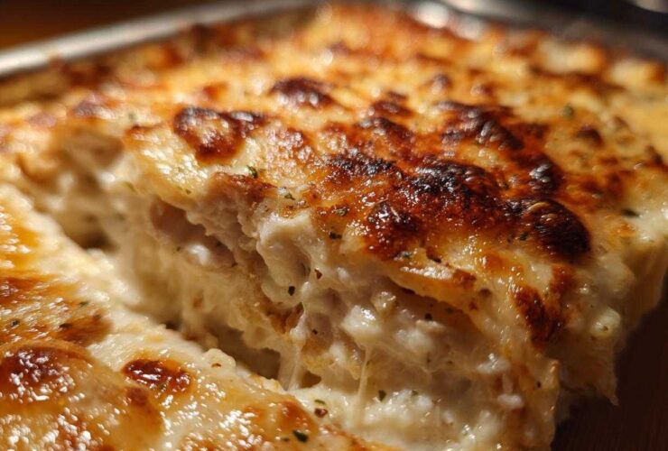 A close-up, macro shot showing a creamy, cheesy slice of Garlic parmesan chicken bake with a browned, bubbly top.