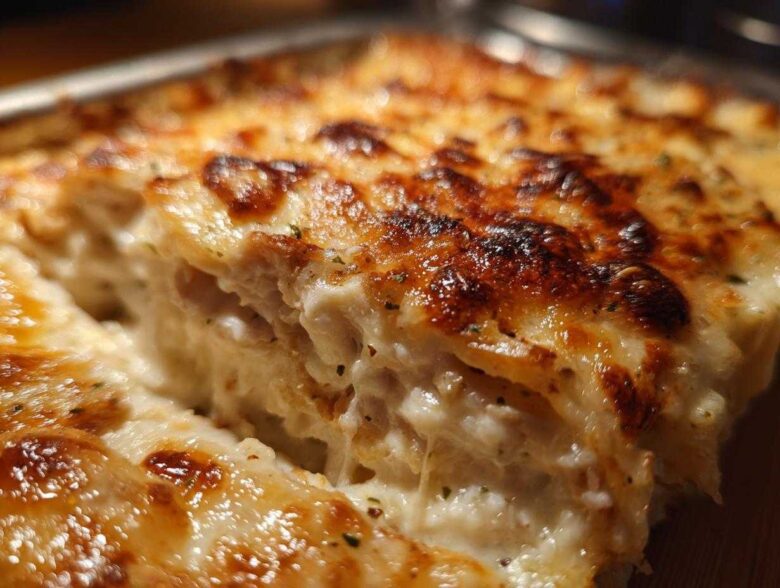 A close-up, macro shot showing a creamy, cheesy slice of Garlic parmesan chicken bake with a browned, bubbly top.