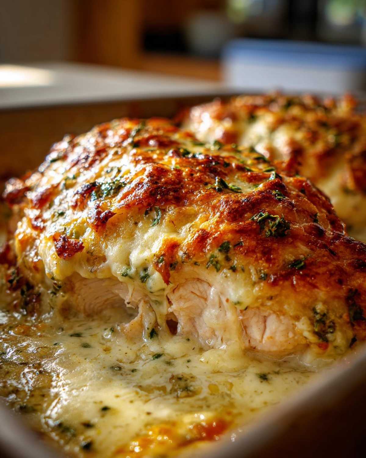 Close-up of a juicy chicken breast from the Garlic parmesan chicken bake, topped with melted, browned cheese and herbs.