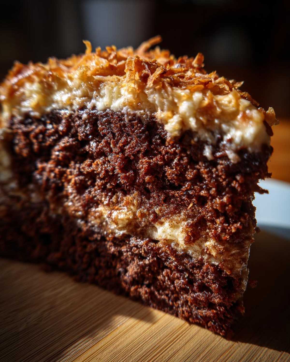 Close-up of a moist slice of german chocolate poke cake showing dark chocolate layers and creamy topping with toasted coconut.